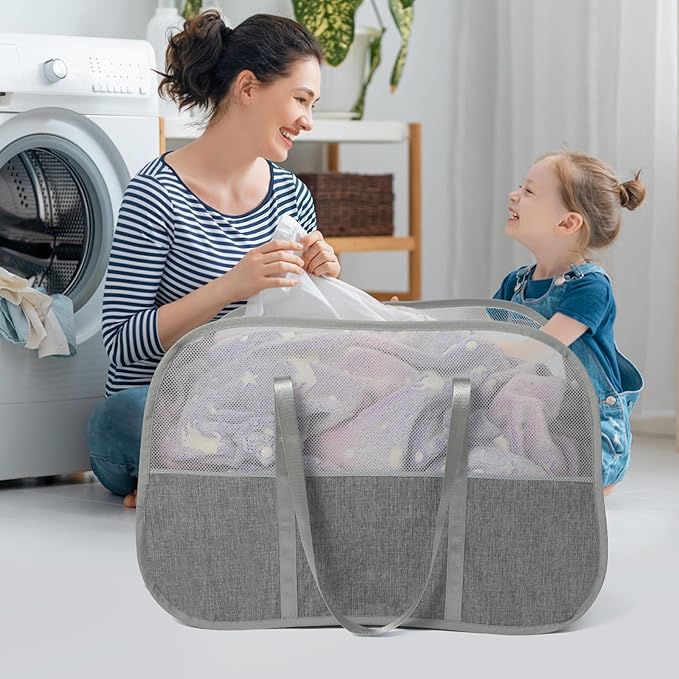 Collapsible Laundry Baskets, 95L Laundry Hamper, Foldable Clothes Hamper with Shoulder Strap for Bedroom, Dorm, Apartment - Durable Tear-Resistant Storage Basket for Laundry, Kids Room (2 Pack, Grey)
