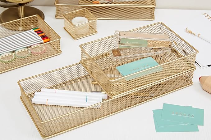 Annova Mesh Stackable Drawer Cabinet and Shelf Organizer Bins Storage Basket School Office Supply Holder Tray- Set of 2 (Gold, 6x15x2 Inch)