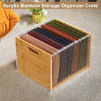 Clear Acrylic File Box Organizer, Bamboo Hanging Folder Storage Boxes, Filing Crate Bin Holder with Handle for Home Office Desk, Letter Size