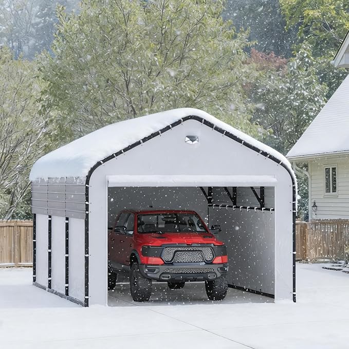 10x16 Metal Carport, Heavy Duty 2-Car Carport Canopy, CarPorts with Removable Polyethylene Sidewalls, Galvanized Steel Roof Car Tent Garage