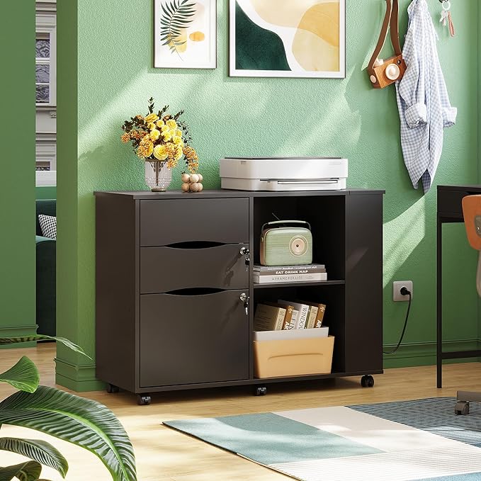DEVAISE File Cabinet with Lock, 3 Drawer Rolling Mobile Lateral Filing Cabinets with Charging Station Printer Stand with Open Storage Shelves Fits A4 or Letter Size for Home Office Black