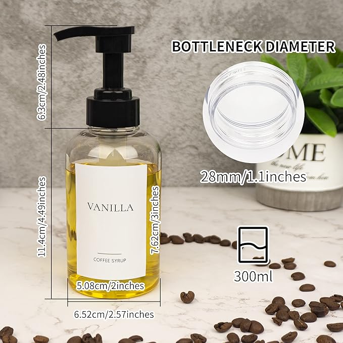 4 Pieces Coffee Syrup Dispenser Bottle 300ml PET Black Pump Bottles with Labels for Coffee Bar Organization