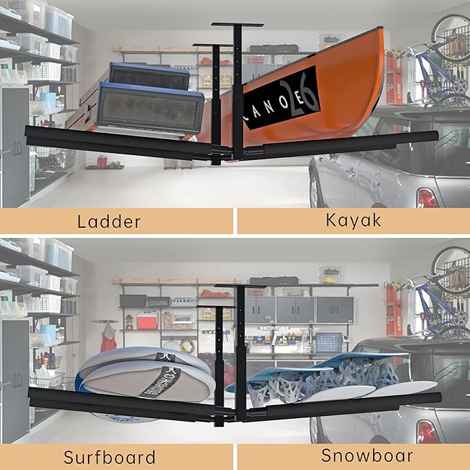 Double Kayak/Ladder Ceiling Storage Rack, Hi Port 2 Ladder Hanger Overhead Garage Kayak Ladder Rack, Holds 200 lbs, Adjustable Height Design, Black