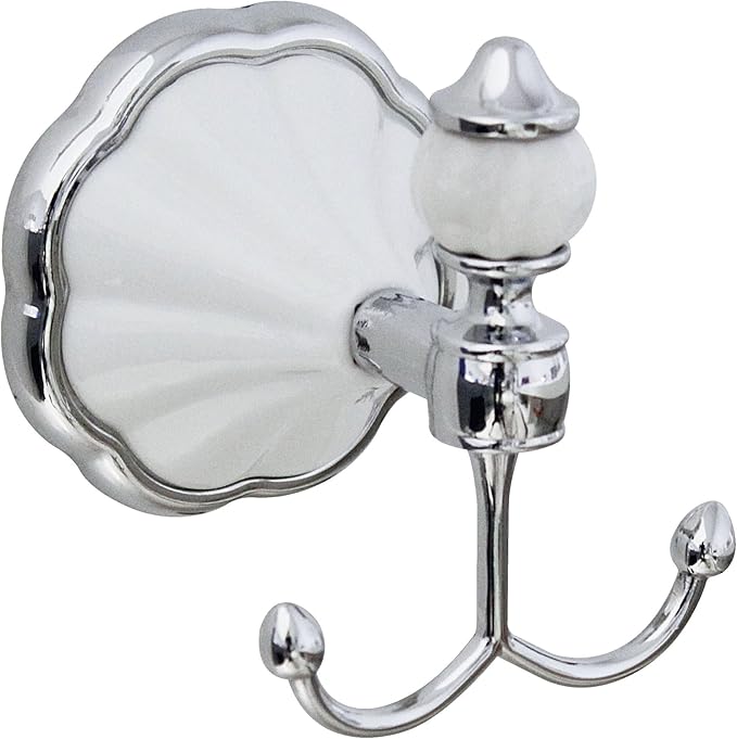 Double Robe & Towel Hook - White Porcelain & Chrome - Flora Series - 5 Year Warrantee