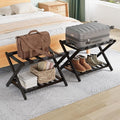 Smuxee Fully Assembled Black Luggage Racks Pack of 2, Upgraded Bamboo Foldable Suitcase Stand with 5 Nylon Straps, Luggage Holder with Shelf for Guest Room Bedroom Hotel