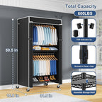 P8C Heavy Duty Clothes Rack（With Extended Width Design） Rolling Clothing Racks for Hanging Clothes with Lockable Wheels，31.5" W x 15.8" D x 80.5" H，Max Load 600LBS，Black Rack with Black Cover