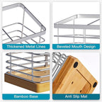 Suli Extra Large Kitchen Utensil Holder with 4 Compartments，Metal holder with Wooden Base for Kitchen Countertop，Farmhouse Cooking Utensil Storage, Rustic Cooking Utensil,Silvery