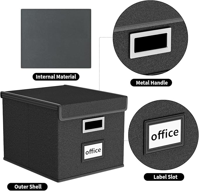 Huolewa New Portable File Organizer Boxes Set of 4, Collapsible Linen Hanging Filing Storage Boxes with Plastic Slide, Decorative Home/Office Filing System for File and Folders Storage (Black)