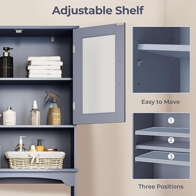 Yaheetech Over The Toilet Storage Cabinet, Free Standing Toilet Rack with Adjustable Shelves and Tempered Glass Doors for Bathroom Washroom, Grey