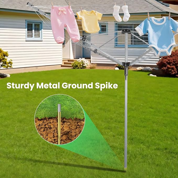 Outdoor Umbrella Drying Rack, 4-Aluminum Arms Folding Rotary Dryer with 12 Lines 165 ft Drying Space Adjustable Height Clothesline w/Waterproof Cover & Ground Spike for Garden Backyard(Grey)