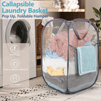 Deluxe Strong Mesh Pop up Laundry Hamper Basket with Side Pocket for Laundry Room, Bathroom, Kids Room, College Dorm or Travel Grey
