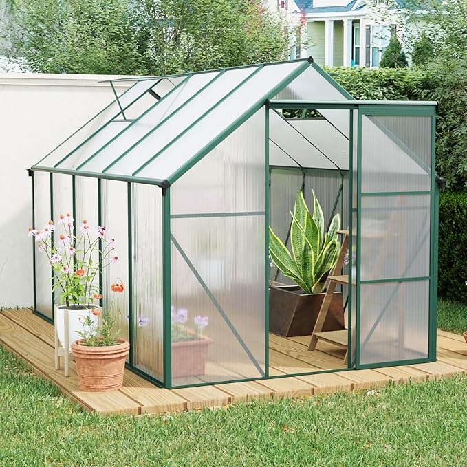Polycarbonate Greenhouse with Rain Gutter and Roof Vent, Raised Base and Anchor Aluminum Heavy Duty Walk-in Green House, Outdoor Patio Sunroom with Sliding Door (Green, 122.44*74.8*76.77in)