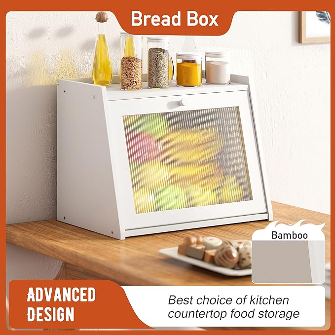GHWIE Large Bread Box, Easy Access & Cleaning - Bamboo Bread Box for Kitchen Countertop with Acrylic Door (White, Large)