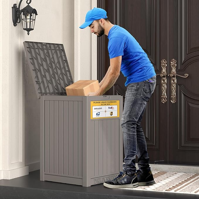 Package Delivery Box for Outside with Sign, 48 Gallon Storage with Lockable Secure, Large Double Wall Resin Outdoor Package Delivery Waterproof