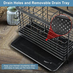 Utensil Holder, Stainless Steel Utensil Drying Rack with Drain Tray, Kitchen Counter Drainer Basket Silverware Cutlery Flatware Holder Forks, Knives, Spoons, Chopsticks Organizer (Black)