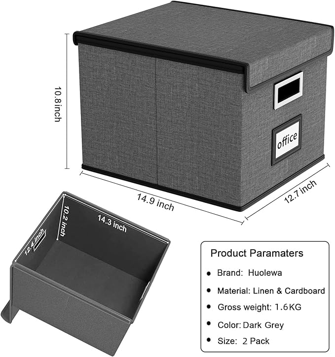 Huolewa File Organizer Boxes with Lids, Linen Office Document Storage Boxes, Filing Boxes, Decorative Small File Boxes for Hanging Files with Plastic Slide for Office/Cabinet/Decor/Home