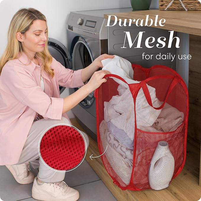 Handy Laundry Collapsible Mesh Pop Up Laundry Hamper with Side Pocket – Breathable, Space-Saving, Durable Basket for Clothes, Toys, Travel & Storage, 14 x 13 x 24 in, Red