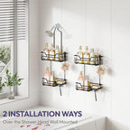 SWTYMIKI Bathroom Shower Caddy Hanging - Extended Length 2 Tier Rustproof Over Shower Head Organizer, No Drilling Bathroom Shelf with 14 Hooks & Soap Holder, Anti-Swing Rack, Black, Medium