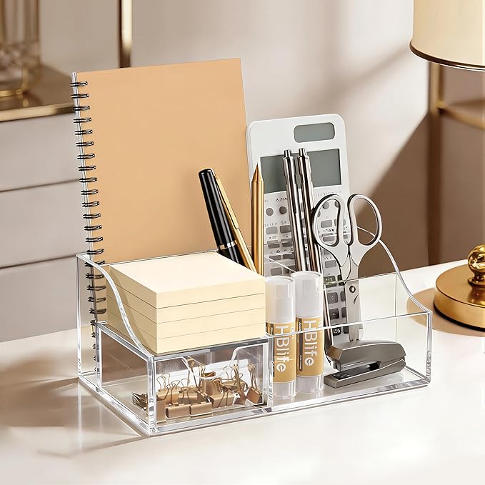 HBlife Acrylic Desk Organizer with 6 Compartments, Pen & Pencil Holder, Clear Multifunctional Desktop Caddy for Office Supply and Organization