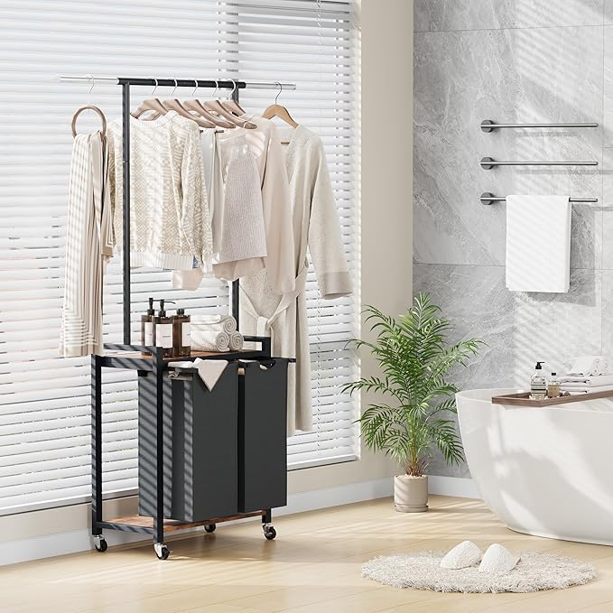 Rolling Laundry Sorter Hamper with Hanging Rack, 2-Section Clothes Organizer Cart with Top Shelf and Lockable Wheels, Heavy Duty Large Basket for Bathroom Bedroom