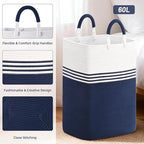 Laundry Basket Hamper,Blanket Storage,Dirty Clothes Hamper with Swivel Handles,Woven Cotton Rope Toy Baskets,Blanket Basket Living Room,Decorative Hampers for Nursery,Bedroom,White & Blue,60L