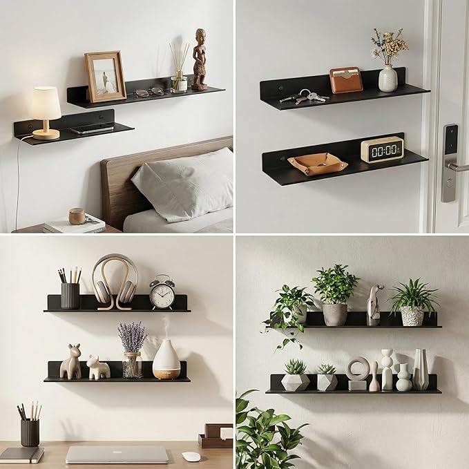 Z metnal Wall Shelf, Long Floating Shelves, Metal Hanging Shelf for Living Room Kitchen Storage Entry, Aluminum, Wall Mounted, Matt Black, 24 inch, Set of 2