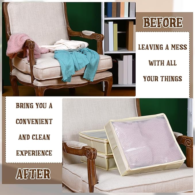 Panelee 6 Pcs 14 x 12 x 3 Inch Sweater Storage Bags Easy Gliding Zippered Sweater Package Organizer Closets Under The Bed Zippered Storage Bags with Label Pocket to Avoid Dust Dirt(Beige)