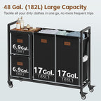 Hoctieon 4 Section Laundry Cart, 48 Gal. (182L) Laundry Hamper with Lid, Laundry Basket with Wheels, Rolling Laundry Sorter Organizer with Shelf, Clothes Separator with Removable Bags, Black