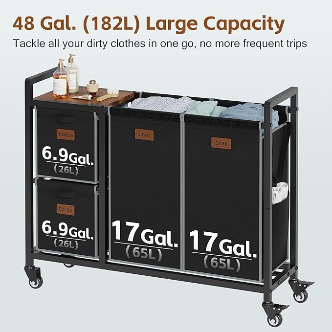 Hoctieon 4 Section Laundry Cart, 48 Gal. (182L) Laundry Hamper with Lid, Laundry Basket with Wheels, Rolling Laundry Sorter Organizer with Shelf, Clothes Separator with Removable Bags, Black