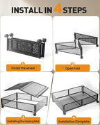 Under Bed Storage With Wheels, 4 Pack Foldable Pattern Carved Metal Under Bed Storage Containers, 60L Rolling Underbed Storage, Easy Assembly Under The Bed Storage for Shoes, Clothes, Blankets...