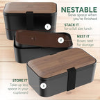 Umami Premium Lunch Box Containers w/ 4 Utensils, 2 Sauce Jars, Nestable Space-Saving Bento Box Adult, 100% Leakproof, Microwavable Lunch Containers for Adults, Walnut Black, 50 oz
