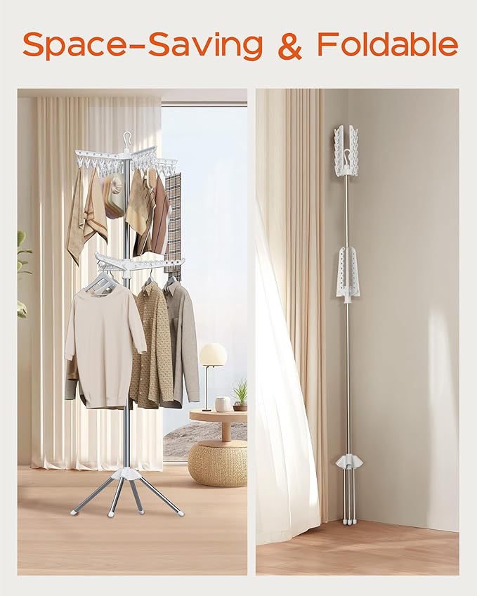 Clothes Drying Rack Foldable, 72 inch 2 Tier Laundry Drying Rack with Rotating Clothes Rail for 27 Pieces of Clothes, Adjustable, 24 Clips, Space Saving, White and Silver CDR012W01