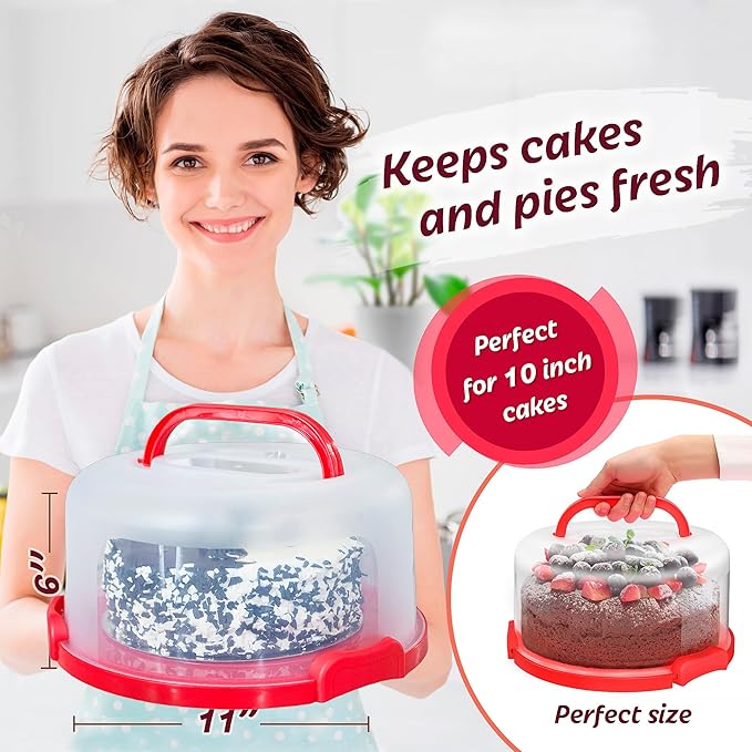 Flixeno Large Sturdy Round Cake Carrier Holder 10 inch Multi Purpose Cover Five Section Keeper for Easily Hold & Transport Cakes Pies & Cupcakes with Collapsible Handles + Extra Clips