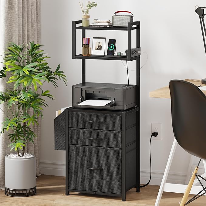 Small 3 Drawer File Cabinet with Charging Station, 45''H, 3-Tier Filing Cabinet for Home Office, 11''*16'' for Small Printer, Fabric Drawer Fits Letter/A4, Tall Printer Stand, Black