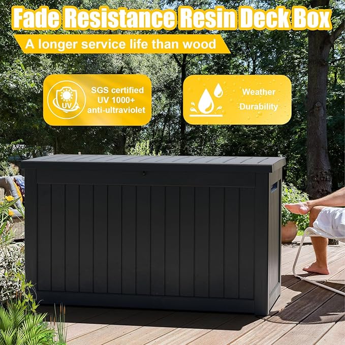 281 Gallon Outdoor Deck Box,Waterproof Resin Outdoor Storage Boxes, Outside Storage Lockable Container for Garden Tools,Indooor Cushions,Accessories (Black)