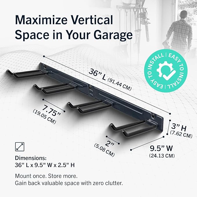 StoreYourBoard 36" Garage Tool Organizer Wall Mount | Garden Tool Organizer System | Heavy Duty Garden Tool Storage Rack for Yard Tools Rakes Shovels 250lbs Garage Organization | 4 PVC Coated Hooks