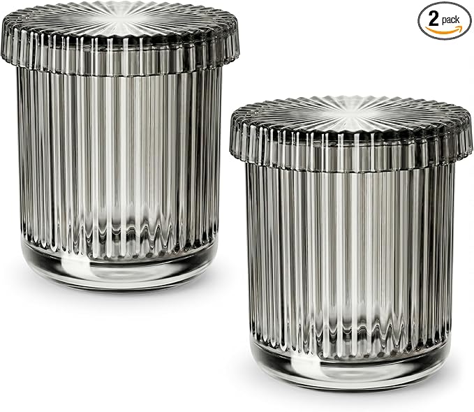 2 Pack Qtip Holder - Apothecary Jars with Lids, Bathroom Organizers and Storage Canister for Cotton Balls,Swabs,Floss Picks,Hair Ties,Clear Glass Vintage Bathroom Decor Jar Set (Gray)