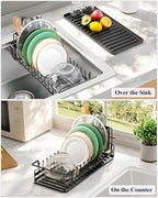 Kitsure Dish Drying Rack - Expandable Dish Rack for Kitchen Counter, Over Sink Or in Sink, Space-Saving Plates Dryer with Cutlery Holder & Drip Tray, 14.0"-20.9" L x 6.3" W x 8.0" H, Black