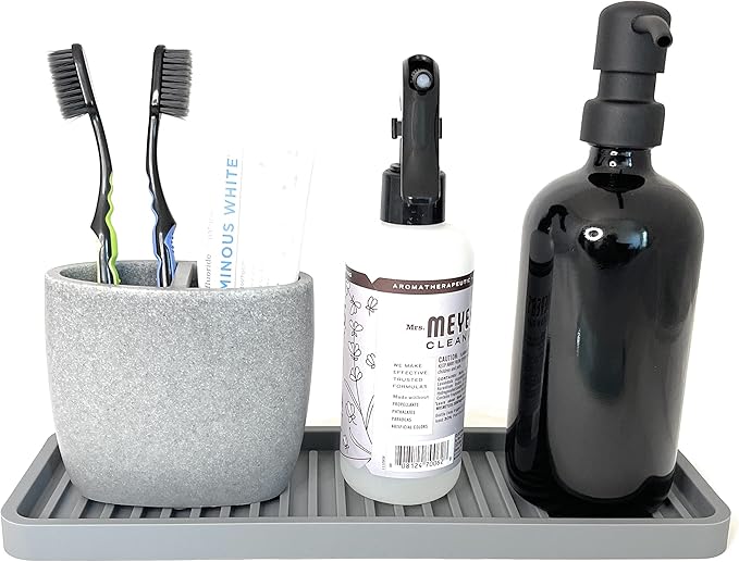 Happitasa Silicone Kitchen Sink Organizer Tray, Sponge Holder and Countertop Protector | Bathroom and Kitchen Soap Dish and Dispenser Tray (Grey, 12"x4", 9.2 Ounces)