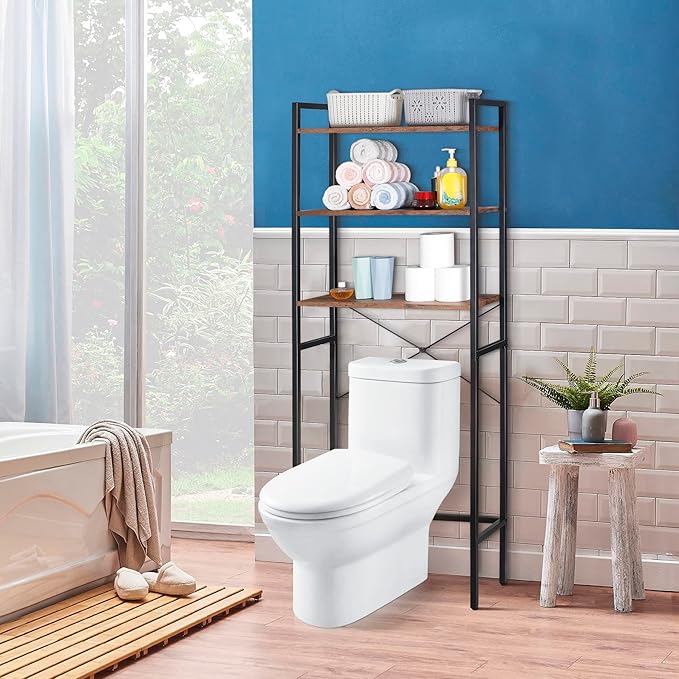 SUPER DEAL Over The Toilet Storage Shelf, 3-Tier Bathroom Organizer Space Saver Rack Wood Shelf, Rustic Brown