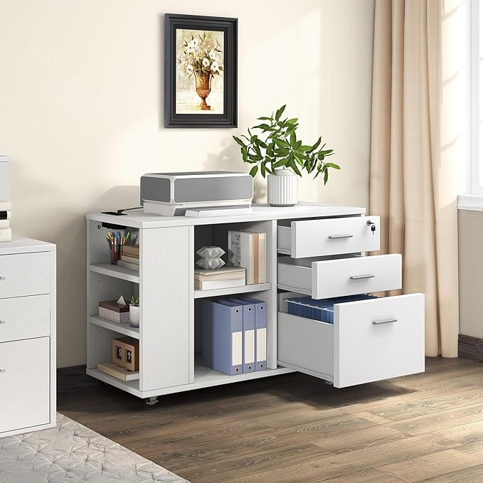 DWVO File Cabinet with Charging Station, 3 Drawer Mobile Office Furniture, Lateral Filing Cabinet with Lock, Printer Stand with Open Storage Shelf for Home Office, White
