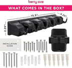 Combo 5 Slot Broom Holder w/ 1 Self Adhesive Mop Gripper No-Drilling, Wall Mount Tool Organizers For Kitchen, Garage, Laundry Room- Anti-Slip Hanger For Brooms, Mops, Rakes, Dustpans (Black / Black)