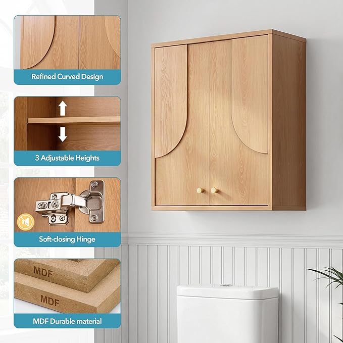 Arched Wood Medicine Cabinet with Soft Close - Premium 25 Lbs Japandi Wall Cabinet - French Cleat Over The Toilet Organizer for Bathroom, Coffee Bar & Entryway