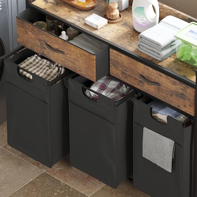 Laundry Sorter with 2 Drawers, 150L with Pull-Out Removable Laundry Bags, Laundry Hamper Baskets with 3 Section and Wheels, Rustic Brown and Black