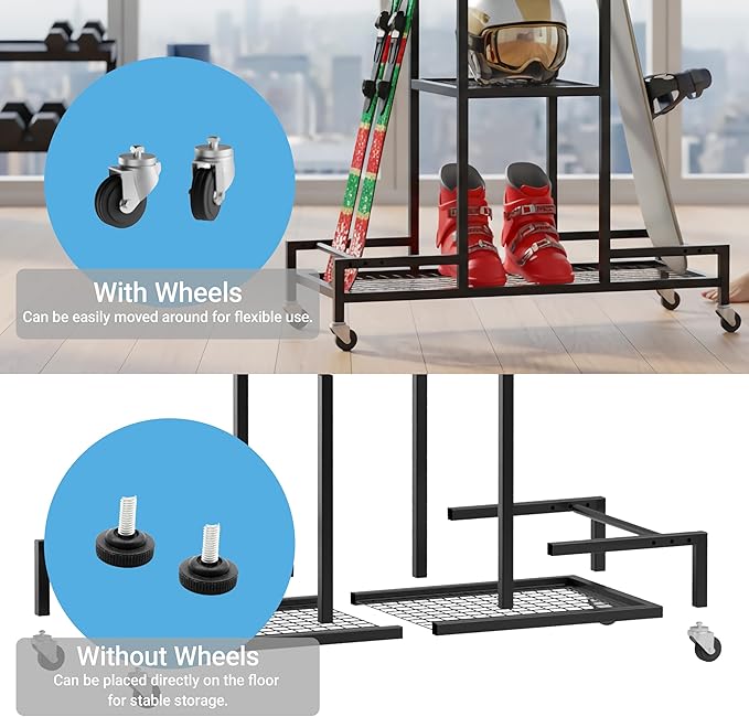 Standing Ski Storage Rack, Holds Snowboards & Skis, 3-Tier Organizer for Gear, Black - Ski Rack for Garage (without antislipmat)