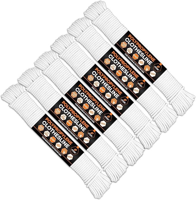Plastic Clothesline - 100' Plastic Clothes Line - White Outdoor Weather Resistant - Synthetic Cord for Hanging and Drying Clothing & Laundry - Plastic Rope Clothes Line String for Pulley 6 Pack