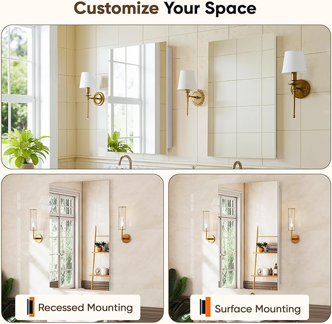 Antok 16x25 Inch Medicine Cabinet with Mirror, Wall Mounted Bathroom Mirror Cabinet, Wooden Medicine Cabinet Mirror, Recessed or Surface, White