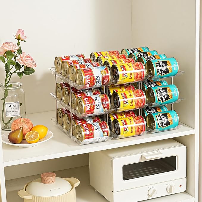 Can Organizer for Pantry, Stacking Can Storage Organizer Pantry, Automatic Rolling Can Rack for Fridge, 2Tire 3 Columns Can Holder for 24 Cans, Canned Goods Organizer