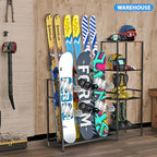 Freestanding Snowboard Rack - Ski Holders for 4 Pairs of Skis, 3 Pack Snowboard, Boot, Pole, Goggles, Helmet and More, Heavy Duty Steel Floor Stand Ski Organizer for Garage, Shed, Basement