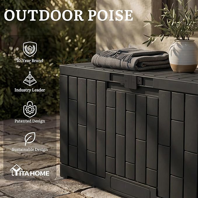 YITAHOME 60 Gallon Resin Deck Box, Weather Resistant Outdoor Rattan Storage Box, Lockable Indoor Outdoor Storage for Supplies and Essentials, Black